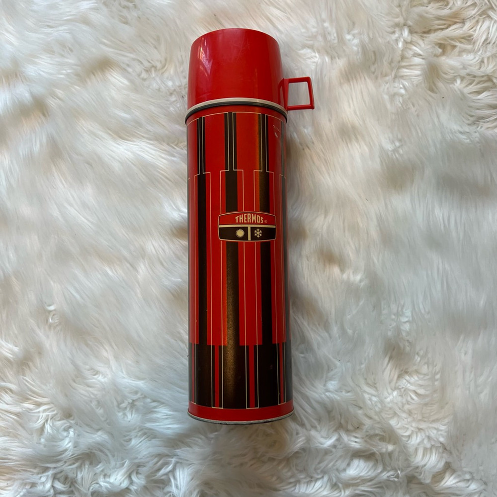 Vintage King Seeley Thermos With Cup Stopper & Filler Red Black Stripe Metal
